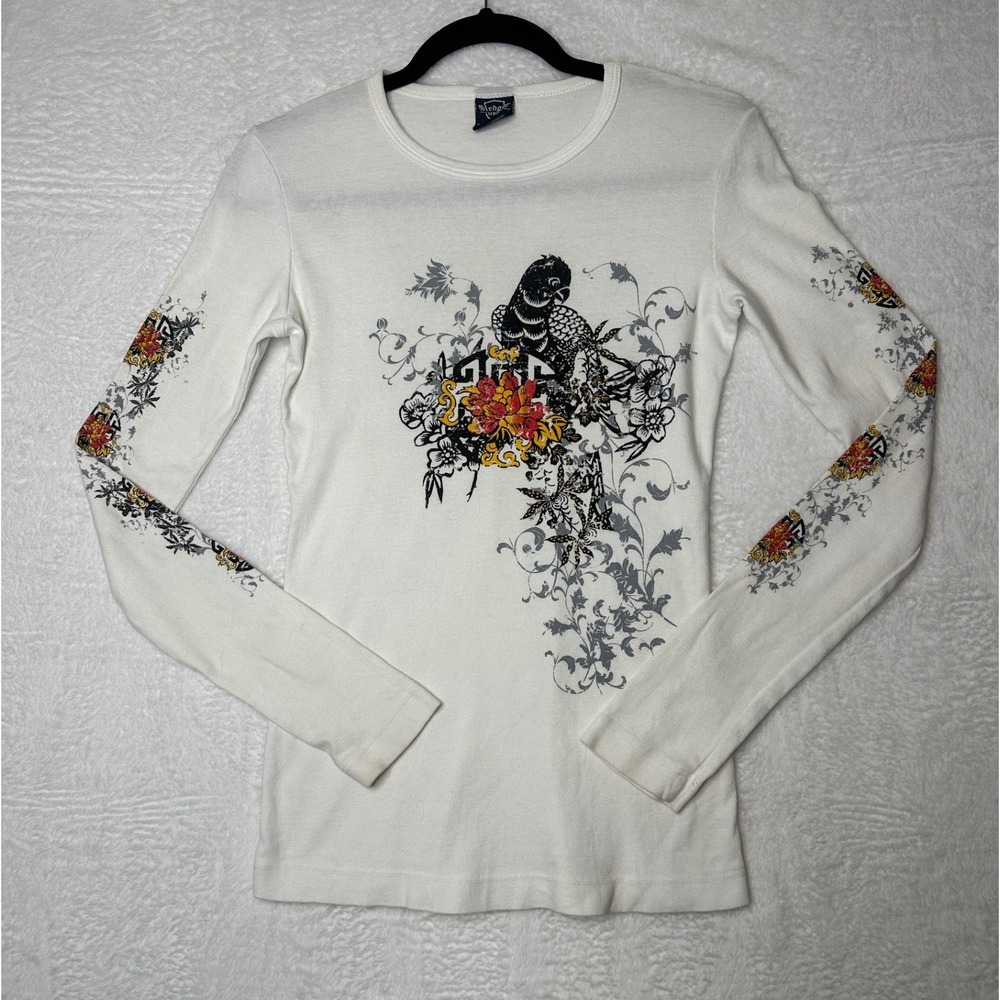 Sledge USA Top Womens Medium White Y2K Bird Floral Graphic Long Sleeve Shirt